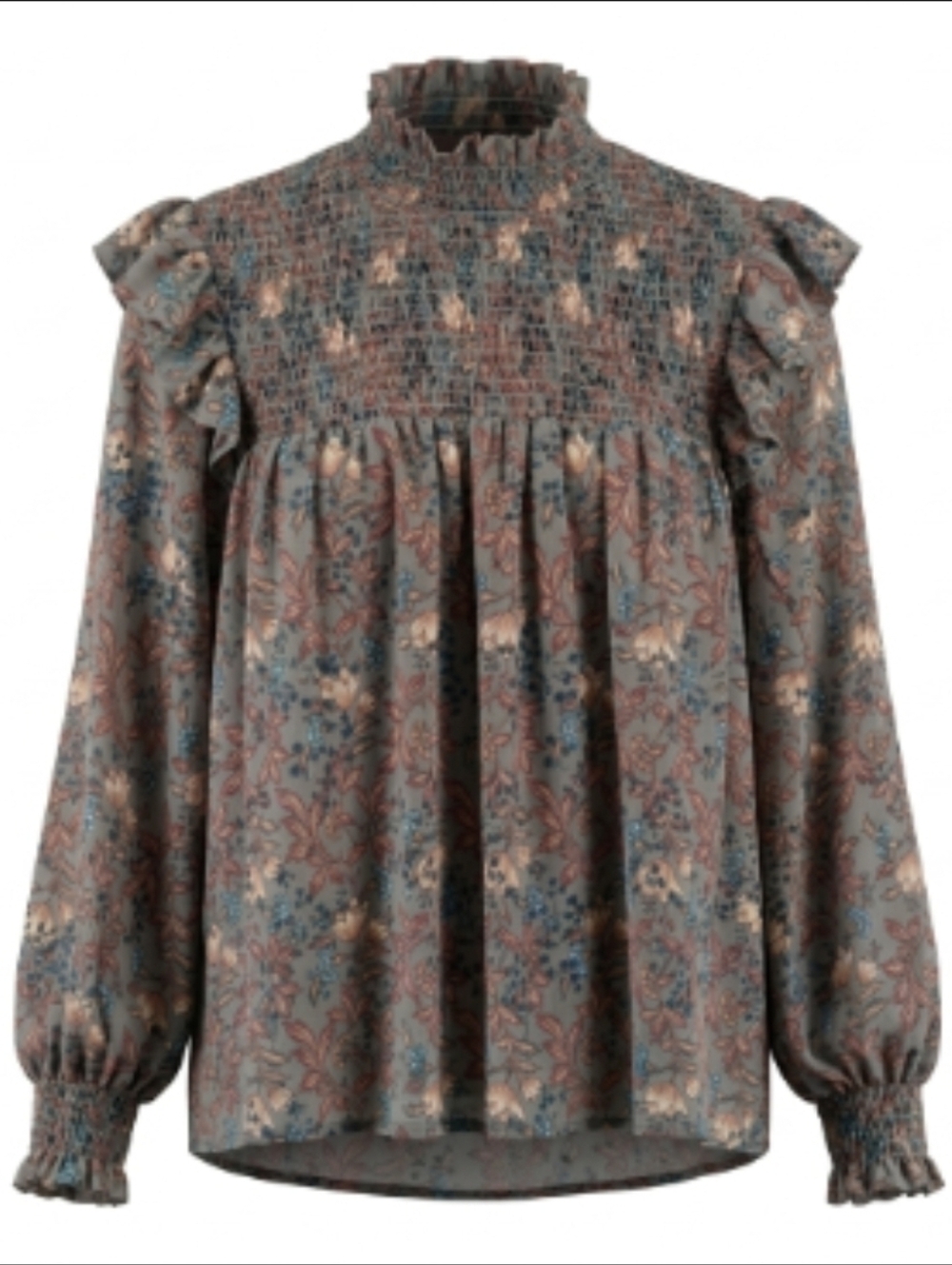 Knox Rose Smocked Floral High Neck Sheer Mesh Boho Ruffle Tunic Blouse